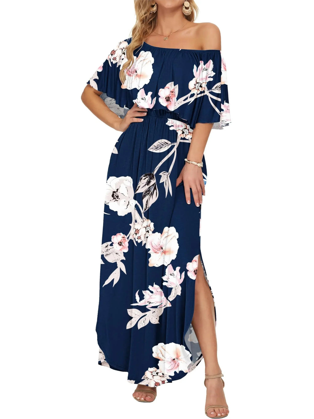Robe maxi d'été florale pour femme à épaules dénudées