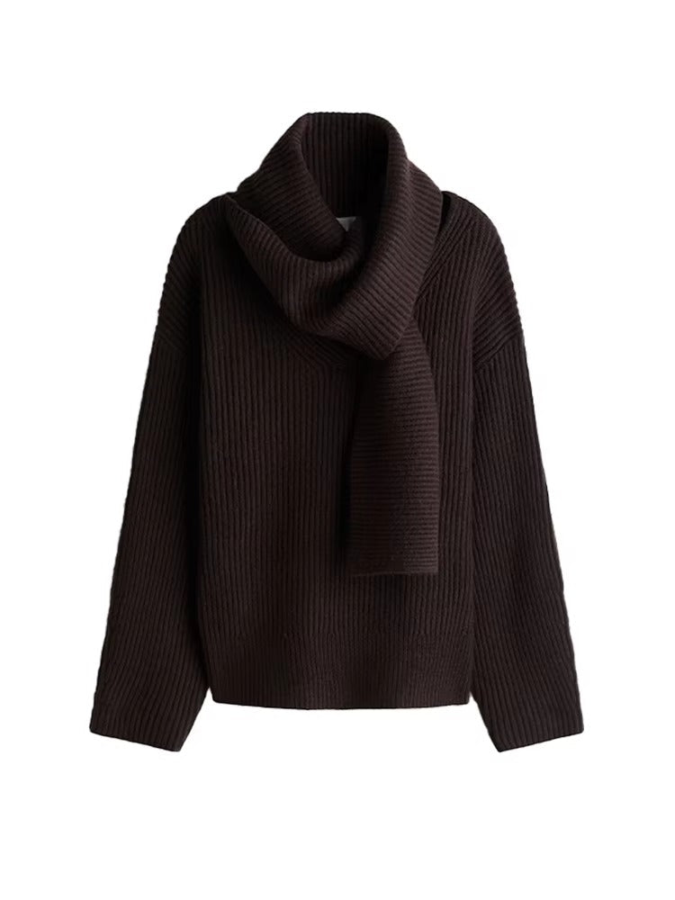 Pull côtelé marron chocolat avec écharpe intégrée