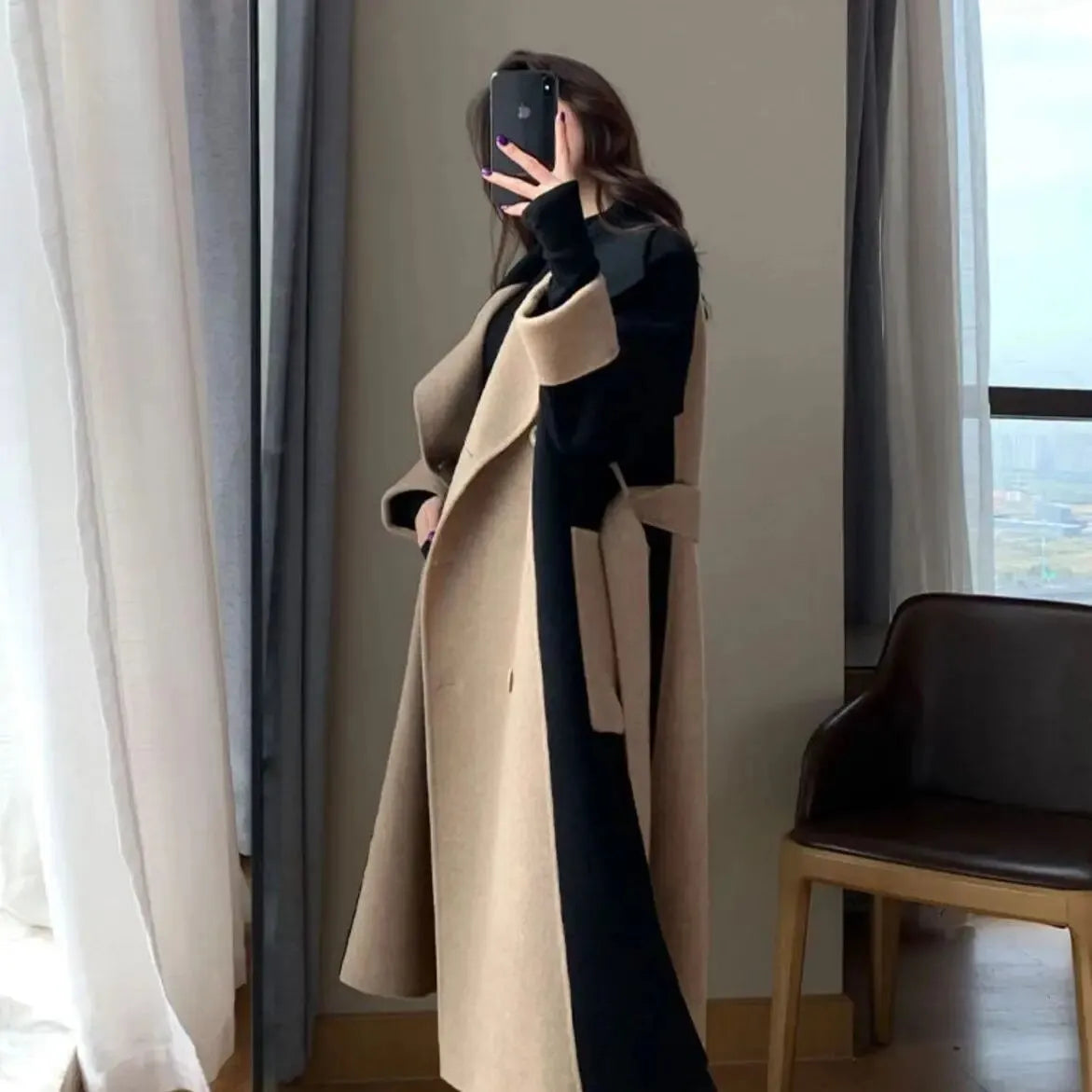 Manteau long élégant bicolore
