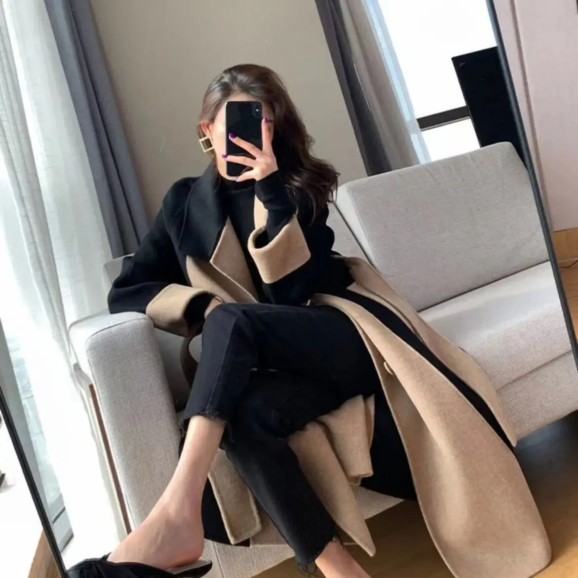 Manteau long élégant bicolore