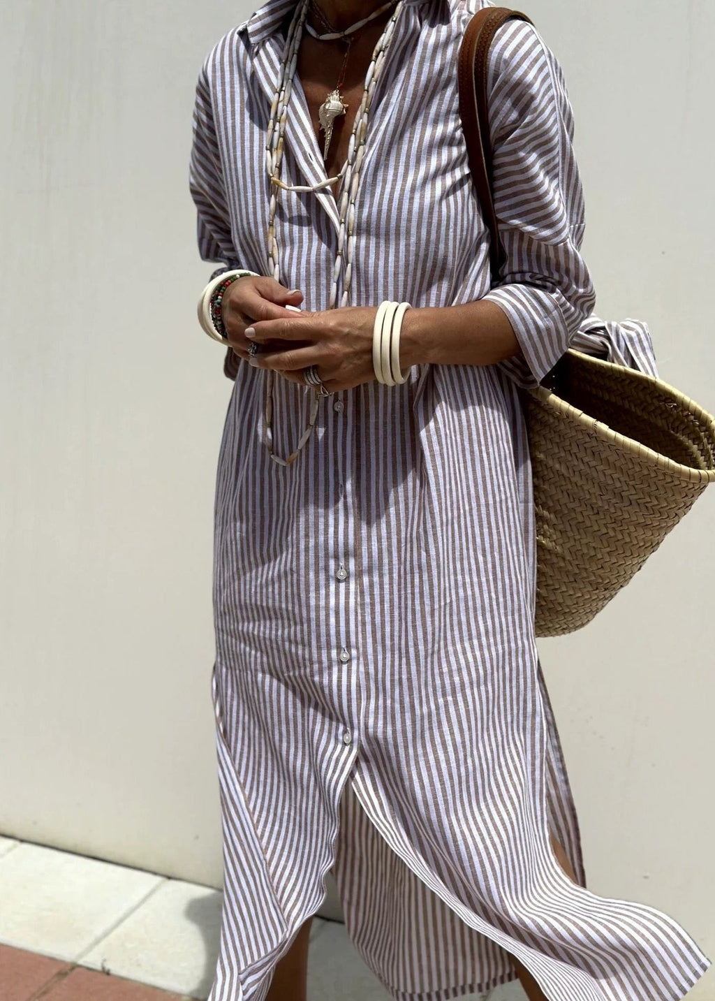 Robe chemise longue d'été à rayures et manches mi-longues