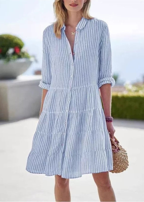 Robe chemise mi-longue décontractée à rayures et manches longues