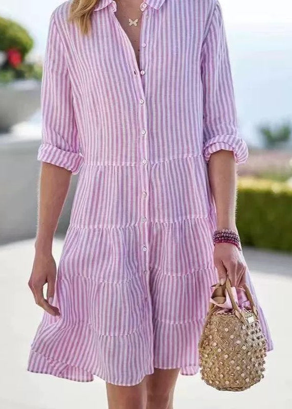 Robe chemise mi-longue décontractée à rayures et manches longues