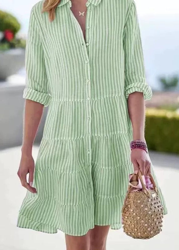 Robe chemise mi-longue décontractée à rayures et manches longues