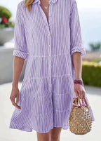 Robe chemise mi-longue décontractée à rayures et manches longues