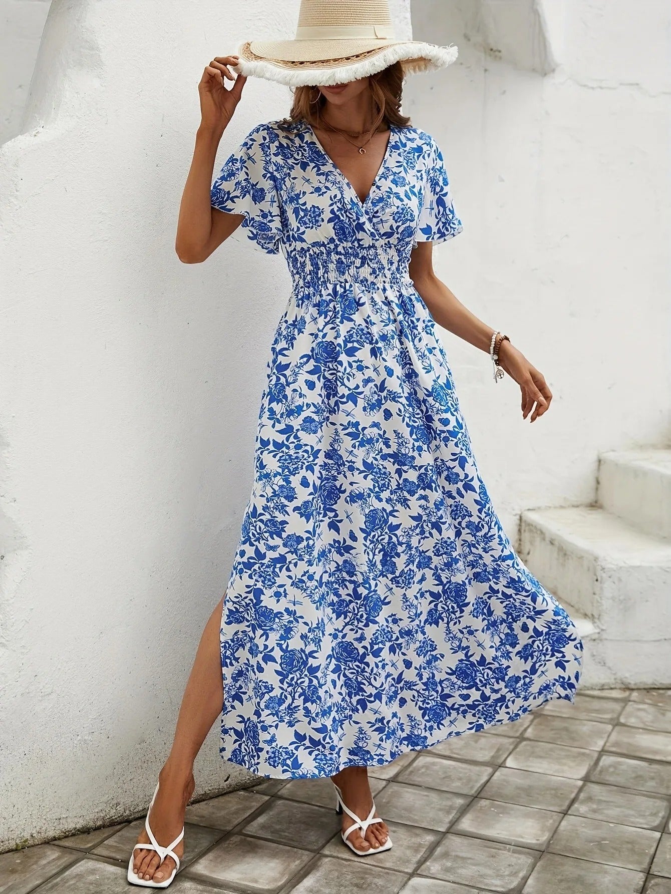 Robe longue à taille froncée pour femme