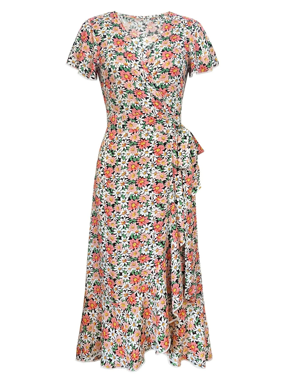 Robe mi-longue fleurie à col V