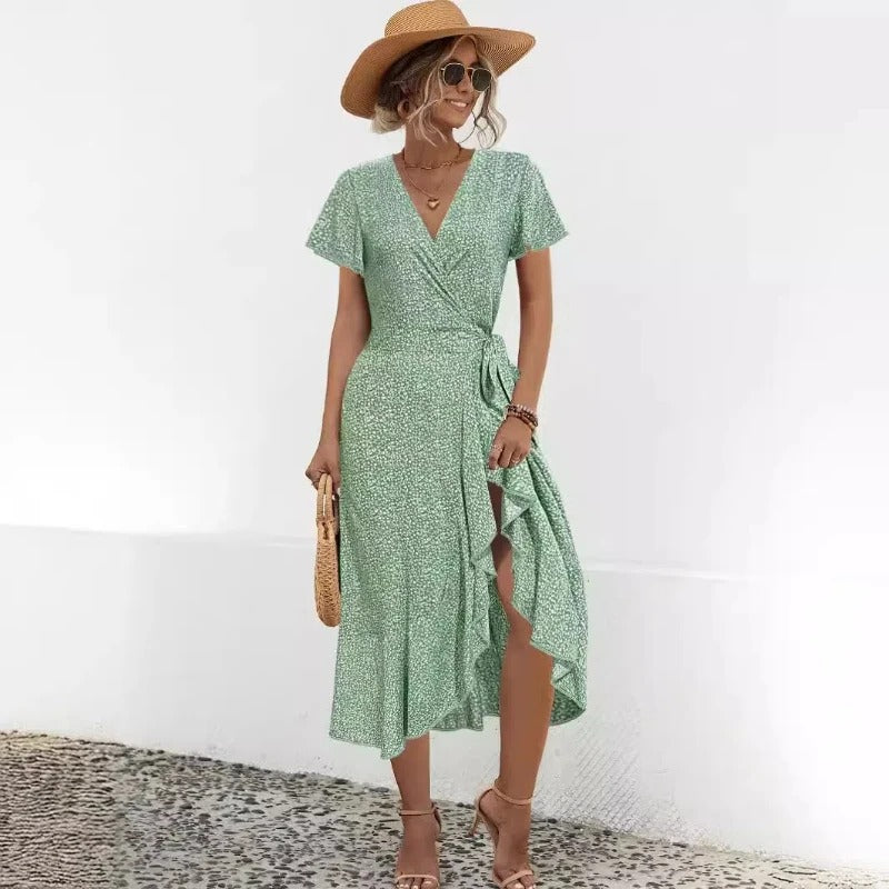 Robe mi-longue fleurie à col V