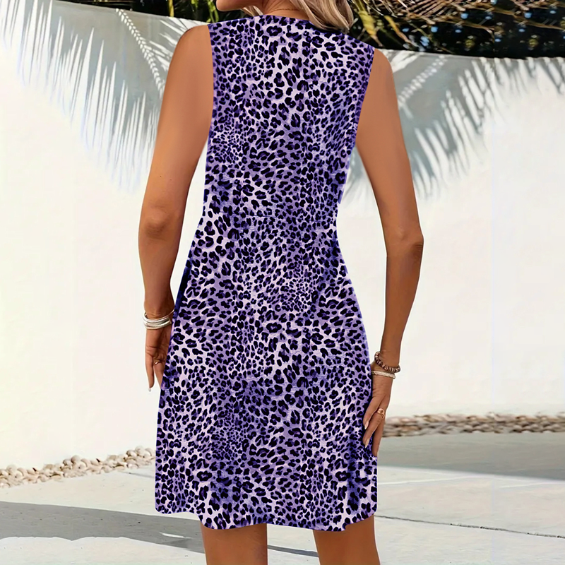 Vue latérale de la robe mini femme à col V et imprimé léopard