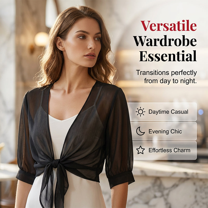 Gilet femme en chiffon transparent porté sur une tenue d'été